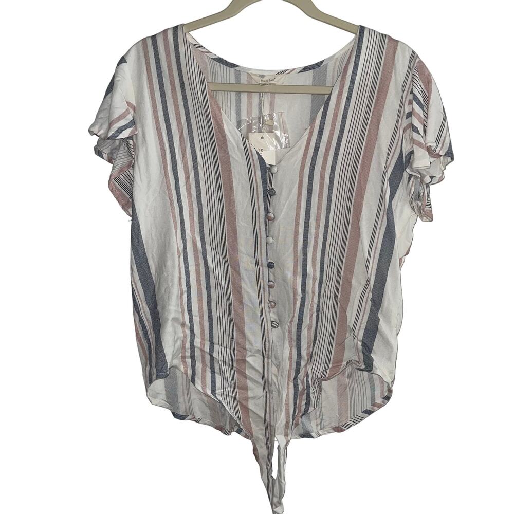 SIM & SAM White Blue Gray Pink Striped Top Large